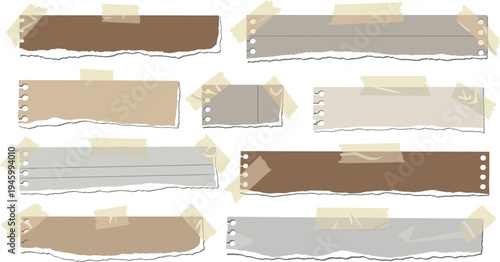A collection of torn paper strips with tape on transparent background