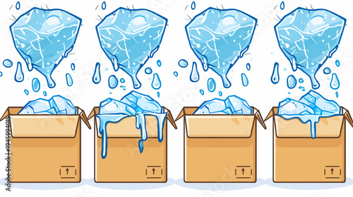 A cartoon illustration showing ice blocks melting and going into shipping boxes