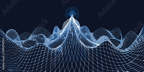 Abstract mountain landscape with digital wireframe and mesh overlay