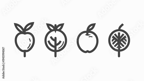 A collection of stylized fruit icons, depicting apples and a citrus fruit. Each is a minimalist line drawing