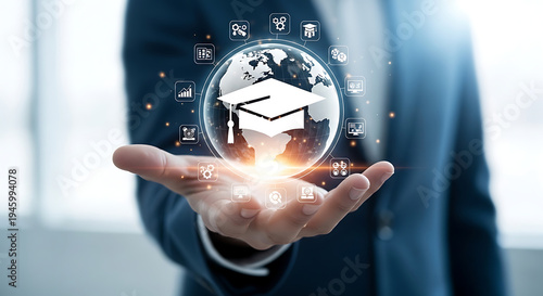Hand holding a glowing global network sphere with a graduation cap icon, symbolizing online education, digital learning, and career development opportunities worldwide