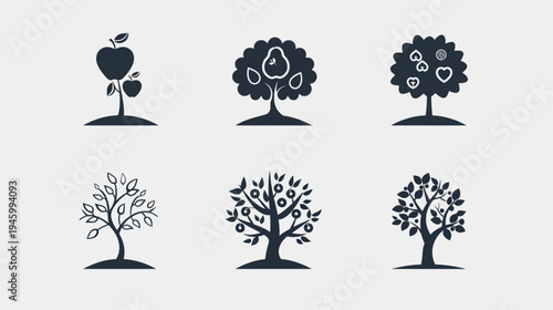 Six stylized tree illustrations, each a unique silhouette with varying foliage and fruit depictions