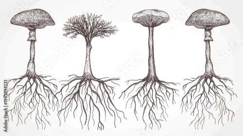 Monochrome illustration of stylized mushroom and tree forms with roots. A hand-drawn aesthetic