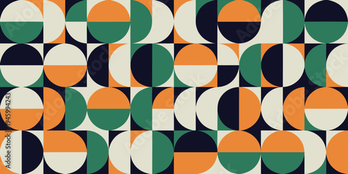 Mid century modern seamless pattern with circles and squares