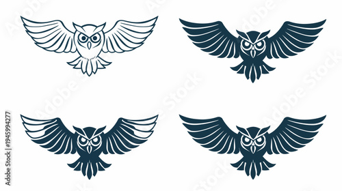 Four stylized illustrations of owls in mid-flight with spread wings, in dark blue