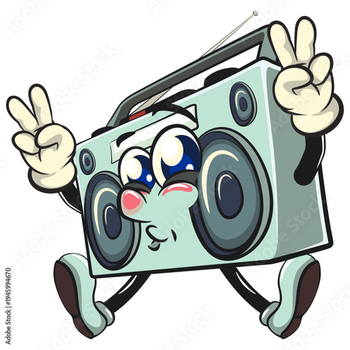 cute retro boombox radio mascot character raising two hands in peace sign while jumping happily, isolated vector illustration, work of hand drawn