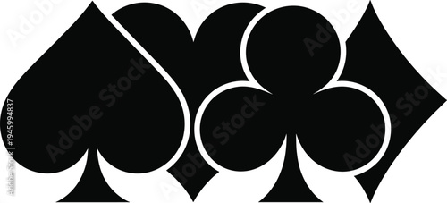 Playing card suits silhouettes, spade, heart, club, diamond icons, black vector symbols for poker, casino, gambling, card games