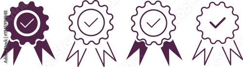 Four rosette style check mark ribbons isolated on white background, illustration