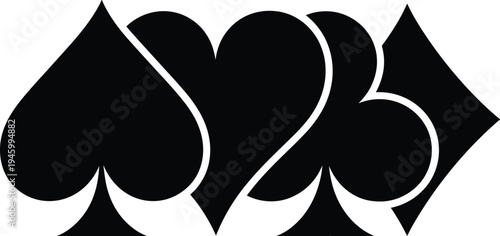 Playing card suits design, spade, heart, club, diamond silhouettes, black vector icons for poker, casino, gambling, card games