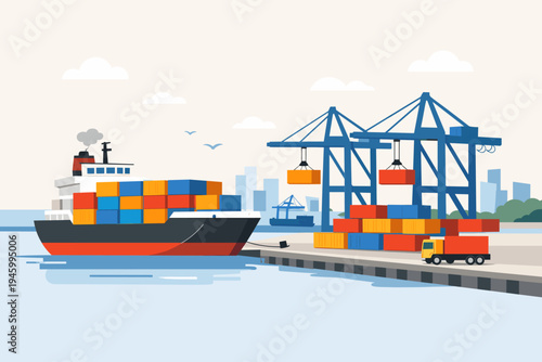 Cargo Ship Docked at a Busy Port Terminal for Loading and Unloading Shipping Containers, Flat Vector Illustration of Maritime Logistics, International Trade, Global Transport and Port Operations