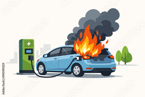 Electric car on fire while charging at a green EV station. Blue vehicle engulfed in flames with thick black smoke. Concept of lithium battery failure, safety hazards, and emergency in transport.