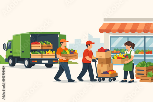 Flat Vector Illustration of a Delivery Truck Unloading Fresh Fruits and Vegetables at a Supermarket with Workers Carrying Crates of Produce for Retail Distribution, Logistics, and Supply Chain.