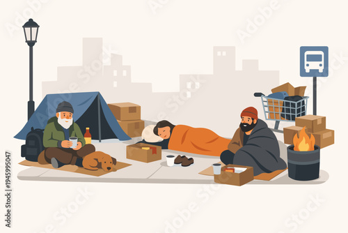 Homeless People Living on City Sidewalk with Tent, Sleeping Bag, and Fire Barrel; Flat Vector Illustration of Poverty and Social Issues with a Man, Woman, Dog, Shopping Cart, and Urban Skyline.