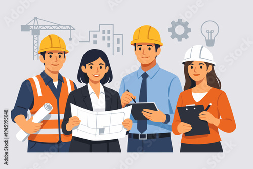Diverse Group of Professional Engineers and Architects Working Together on Construction Project Holding Blueprints and Tablet, Wearing Hard Hats and Safety Vests, Flat Vector Illustration