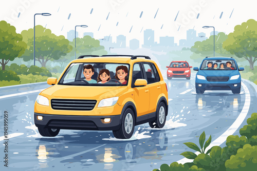 Happy families driving cars on a wet road during rain. Yellow SUV with a family in the foreground, city skyline, and trees. Flat vector illustration of safe travel and rainy weather traffic.