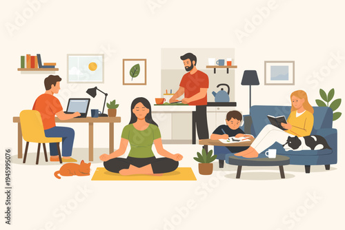 Family Doing Various Activities at Home Flat Vector Illustration; People Working Remotely, Meditating, Cooking, Reading, and Studying in a Shared Living Space with Pets, Cat and Dog Included.