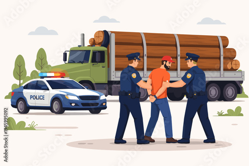 Police Officers Arresting a Driver for Illegal Timber Transport, Two Policemen Handcuffing a Man in Front of a Large Log Truck and a Patrol Car with Sirens, Flat Vector Illustration Concept