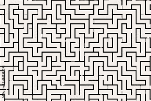 Seamless Black and White Maze Pattern Background, Flat Vector Illustration of an Intricate Labyrinth Layout for Logic Puzzles, Games, Abstract Graphic Design, and Minimalist Wallpaper Texture