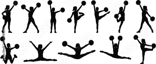 Cheerleader silhouettes performing energetic dance routines with pom-poms, dynamic poses, teamwork, athletic spirit, celebration, fitness, performance art