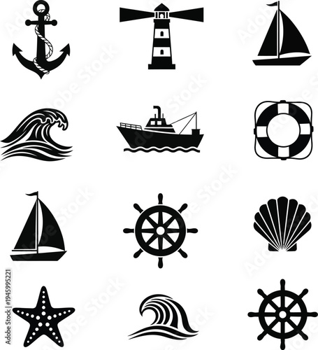 Nautical icons set including anchor lighthouse sailboat and ship wheel