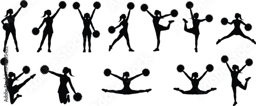 Cheerleader silhouettes performing energetic dance routines with pom-poms, dynamic poses showing athletic movement, teamwork, celebration, spirited performance illustration