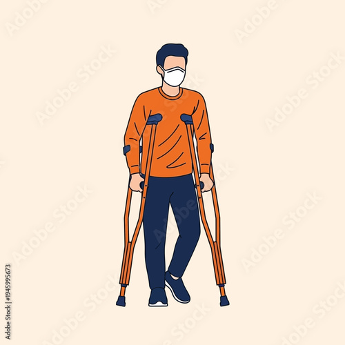 Injured Individual Utilizing Crutches While Wearing Protective Mask for Mobility and Safety