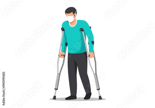 Injured Man Walks On Crutches And Wears A Face Mask Amid Global Health Crisis