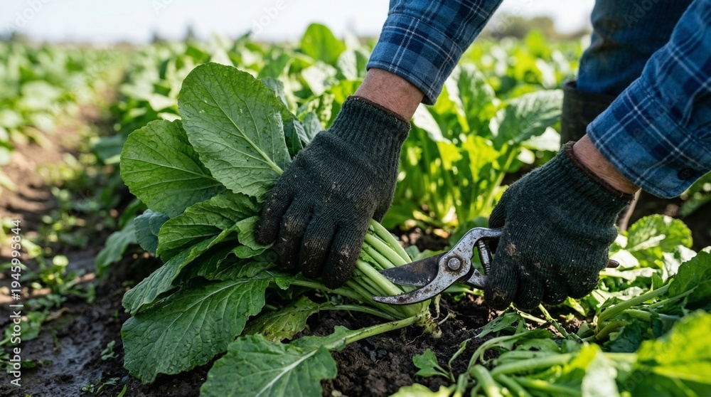 Obraz premium Hands wearing gloves cutting green plants with shears in garden soil