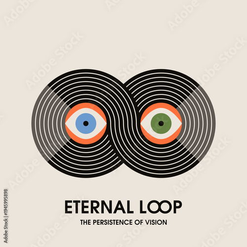 Vinyl Record with Eyes. The symbol of infinity. Music poster design template. Music cover. Music background vector illustration. Cartoon Eyeballs. Artistic Vision.