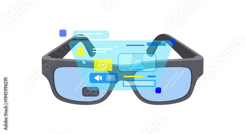 Augmented reality glasses displaying holographic interface and icons on white background