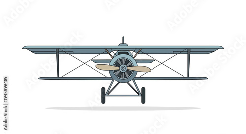 Vintage biplane front view, historical aircraft, retro aviation, propeller, sky