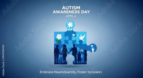 Vibrant blue-themed illustration for Autism Awareness Day featuring diverse hands holding a puzzle piece, symbolizing unity and inclusion with soft glowing lighting.