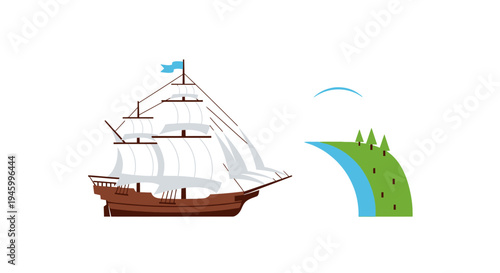 Vintage Sailboat Navigating Towards Coastal Landscape with Trees and River