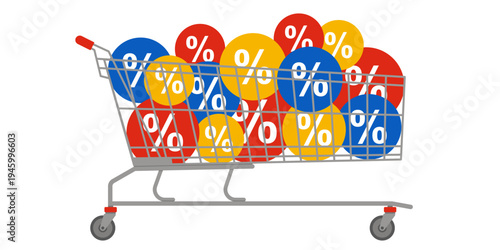 XXL supermarket shopping cart filled with offers and discounts