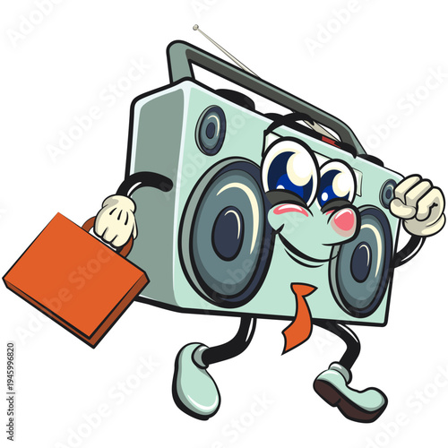 cute retro boombox radio mascot character with a suitcase rushing to the office, isolated vector illustration, work of hand drawn