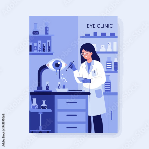 Innovative Eye Clinic Illustration Depicting Advanced Ophthalmic Procedures and Scientific Research