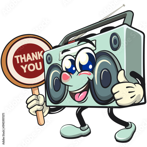 cute retro boombox radio mascot character say thank you with smiling, isolated vector illustration, work of hand drawn