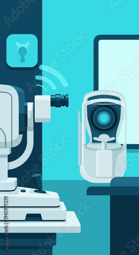 Innovative Eye Examination Technology Depicted, Exploring Vision and Ophthalmic Instruments