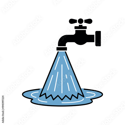 A cartoon illustration of a faucet with water flowing out and forming a puddle