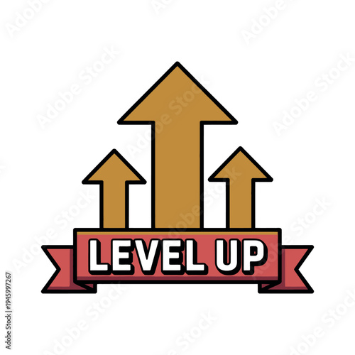 A motivational level up concept with arrows pointing upwards and a red banner