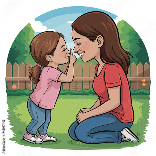 A young girl playfully touching noses with her smiling mother in a green backyard