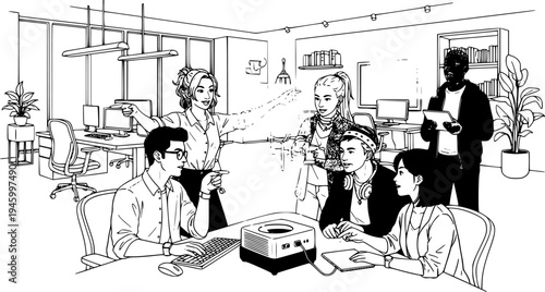 Diverse Gen Z Creative Team Collaborating Around Hologram Projector in Modern Hybrid Office, Innovative Technology and Teamwork in Saturated Colors