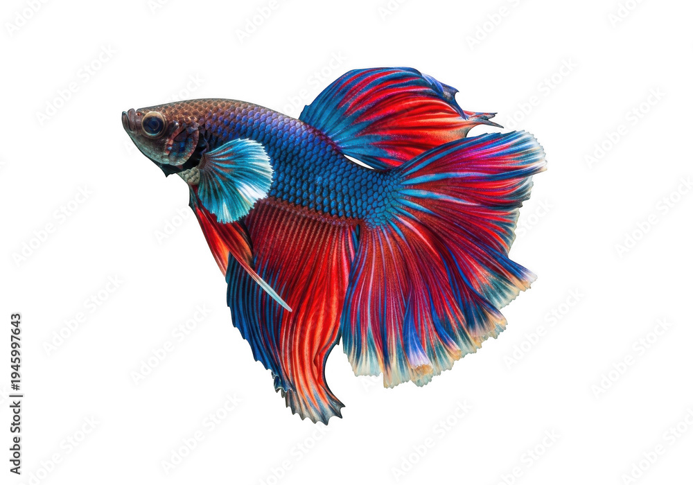 Fototapeta premium A vibrant red and blue betta fish with flowing fins and tail in full display isolated on transparent background