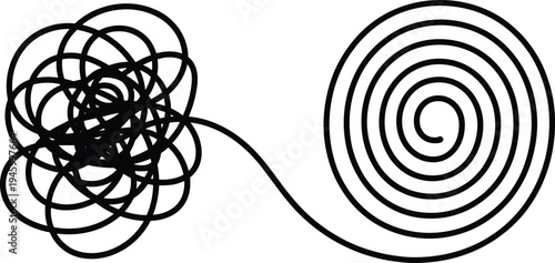 Abstract chaos to order transition illustration, tangled scribble evolving into organized spiral, conceptual design symbolizing clarity, problem solving, mental focus