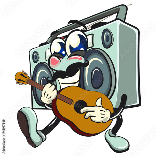 cute retro boombox radio mascot character have moustache playing guitar with smiling, isolated vector illustration, work of hand drawn