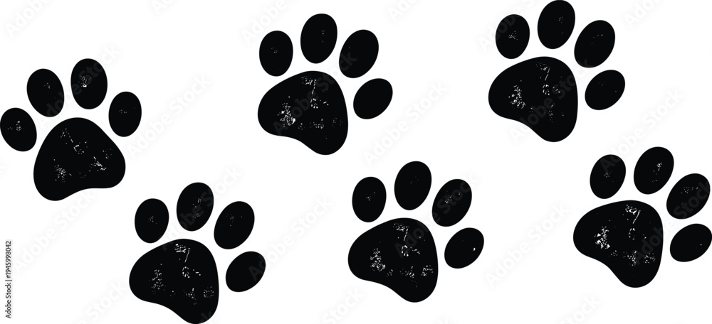 Fototapeta premium Silhouettes of animal paw prints with textured design, vector illustration for pets, wildlife, tracking, nature, logo, emblem, art, decoration