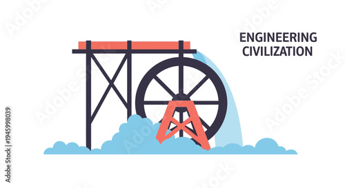 Waterwheel powering ancient engineering and civilization concept