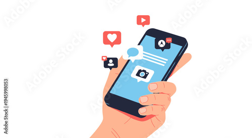 Hand holding smartphone with social media notifications and icons