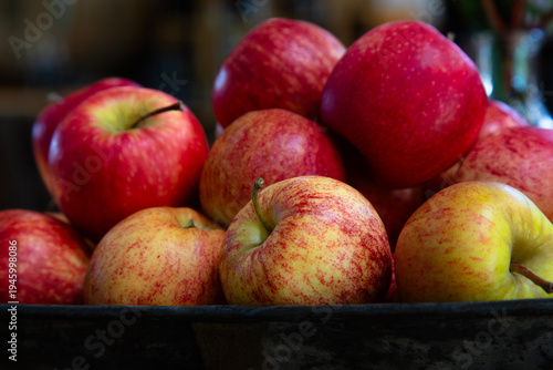 Apples, fresh and red, in rustic black bowl still life reflect heritage fruit industry region of Tasmania, Australia
