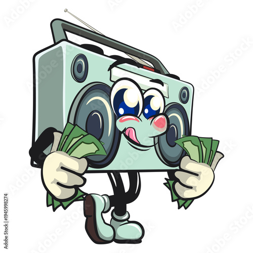 cute retro boombox radio mascot character carrying money while smiling, isolated vector illustration, work of hand drawn
